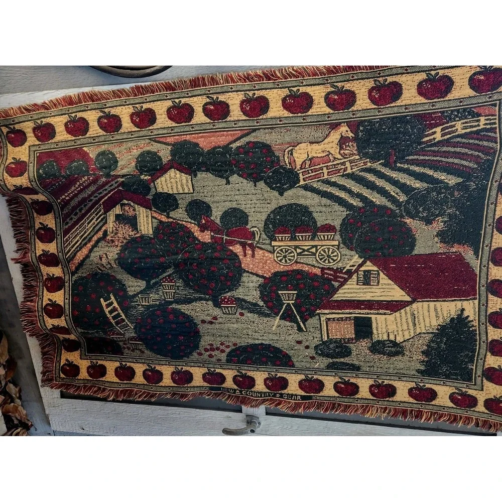 Vtg woven‎ Tapestry Throw Blanket Horses Barn Apple Orchard Thick Cotton Fringe